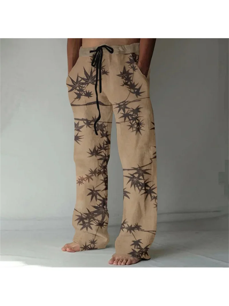 Fashionable and casual octopus tentacle printed linen blended casual pants for men loose pocket drawstring sports pants