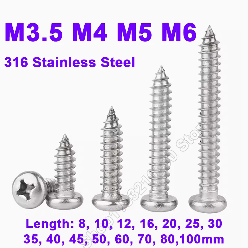 

M3.5 M4 M5 M6 316 Stainless Steel Small Phillips Pan Cross Round Head Self-tapping Screws Wood Screw Length 8 10 12 16 20-100mm