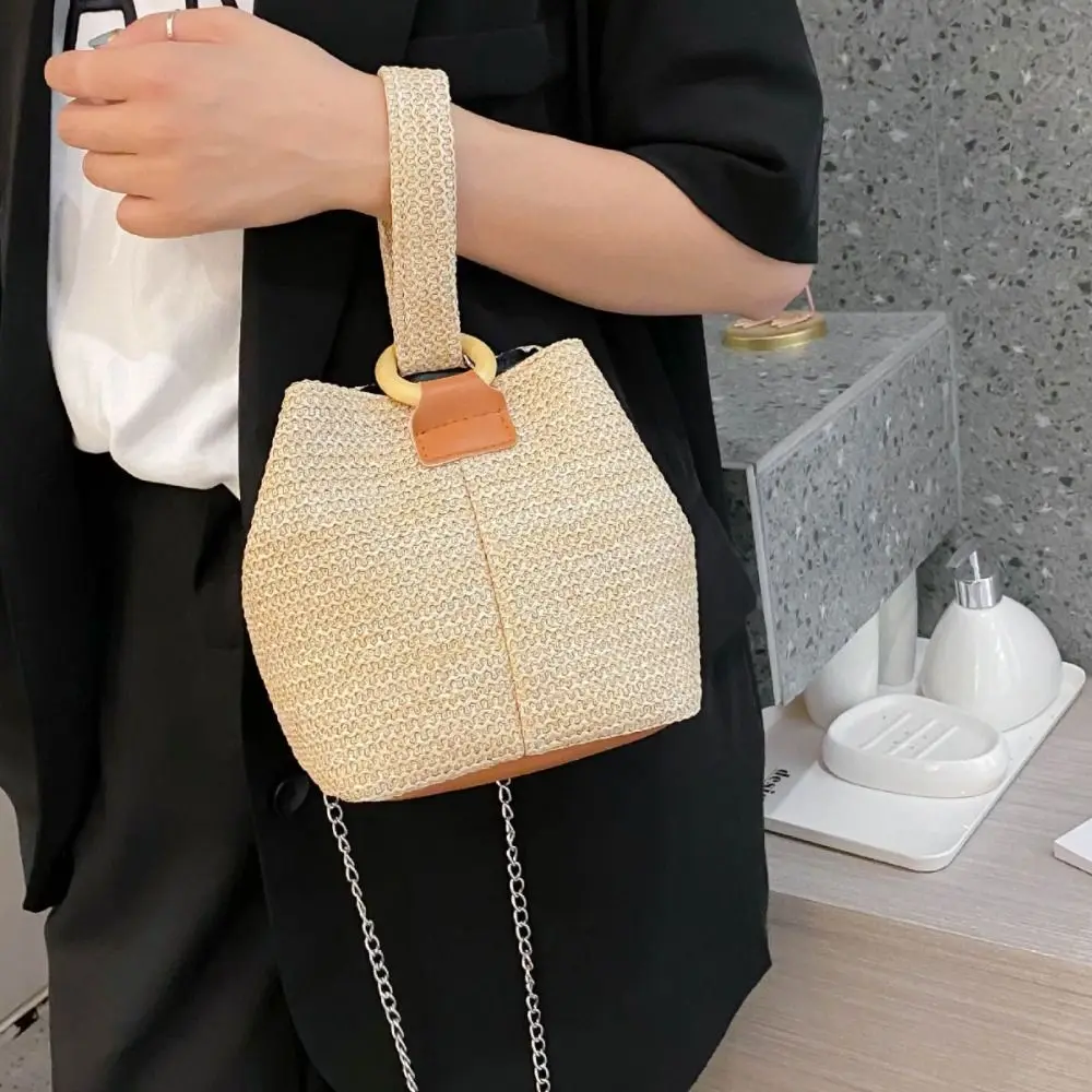 

Fashion Korean Style Straw Bucket Bag Solid Color Handbag Woven Handbag Tote Bag Shopping Purse Small Phone Bag Vacation