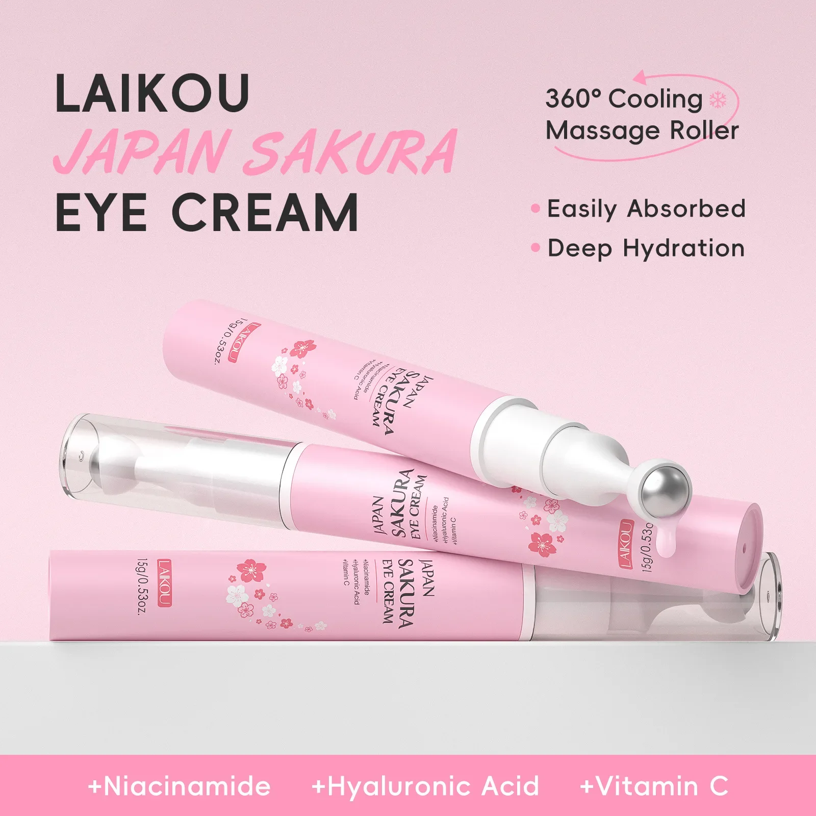Japan Sakura Eye Cream 15g Hydrating Tightening Dark Circle Removal 360 Degree Roller Massage Refreshing Serum
