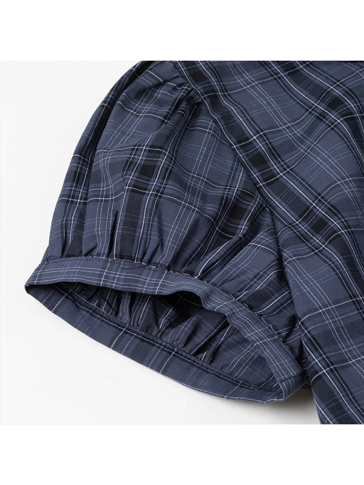 

Bella American Retro Blue Plaid ort Sve irt Women Summer Small Size ort Length Bubble Sve Top Button up Cotton Po...