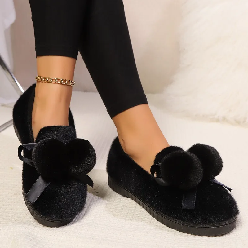 2024 Winter Warm Women's Thick-soled Flat Cotton Shoes Anti-Slip Pom Pom Bow Decorated Suede Short Boots