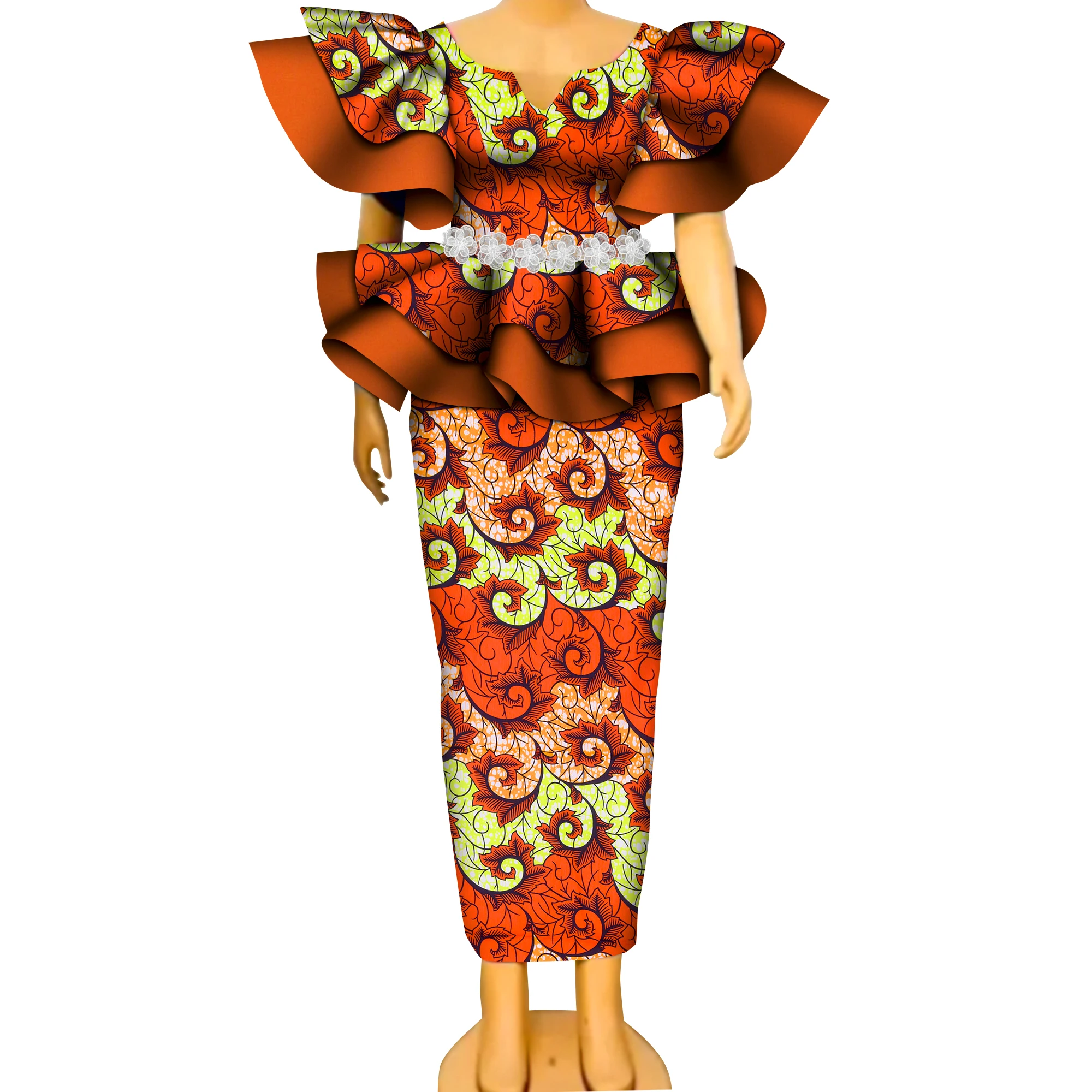 African Women 2pcs Suits Set Party Clothing Dashiki Women Skirt Set Wax Print Patchwork Ankara Short Sleeve Top Skirt Set Kg1320