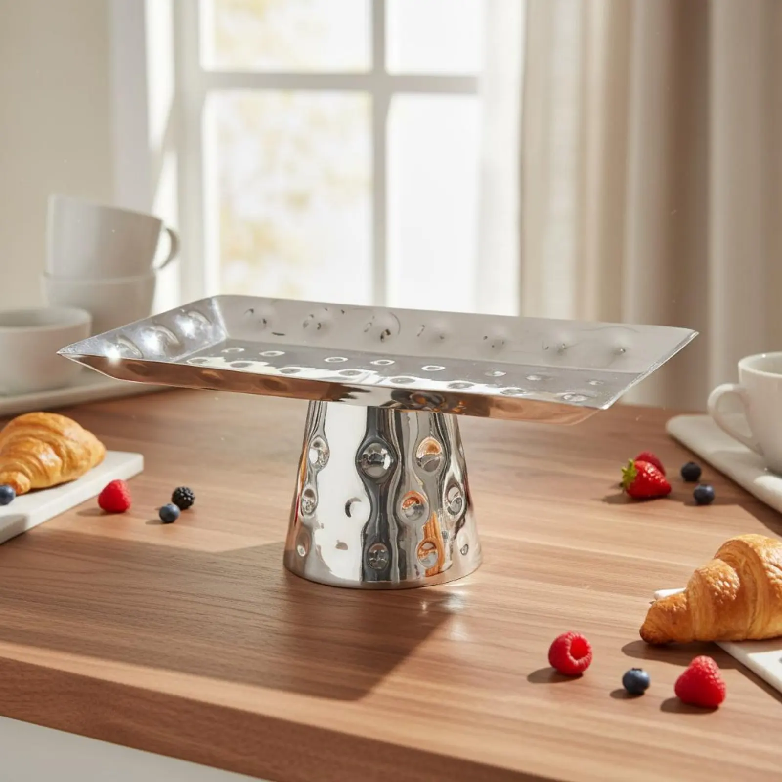 

Stainless Steel Pedestal Tray Multifunction Hammered Fruit Plate Hammered Tray Decorative Serveware Easy to Clean for Hotel