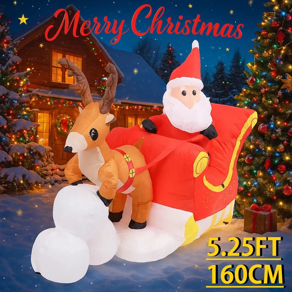 5.3FT LED Light Inflatable Yard Decor Santa Claus Reindeer Sleigh Xmas Toy Supplies Home Decor Ornaments Gifts Christmas Holiday