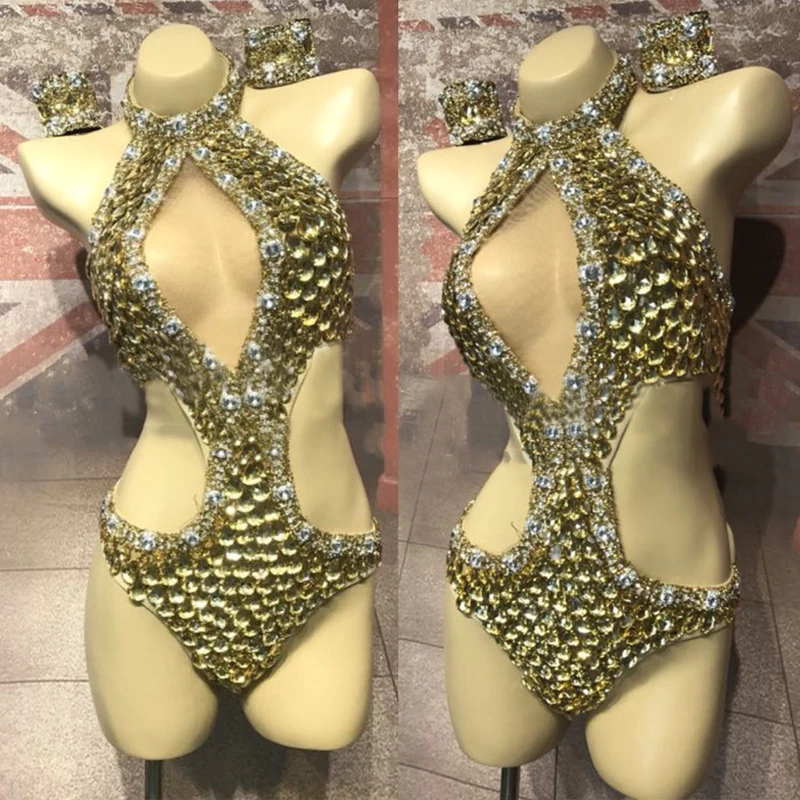 Gold Big Stones Cutout Bodysuit Sexy Pole Dance Outfit Women Party Gogo Dancer Costumes Nightclub Ds Dj Stage Rave Wear XS6945