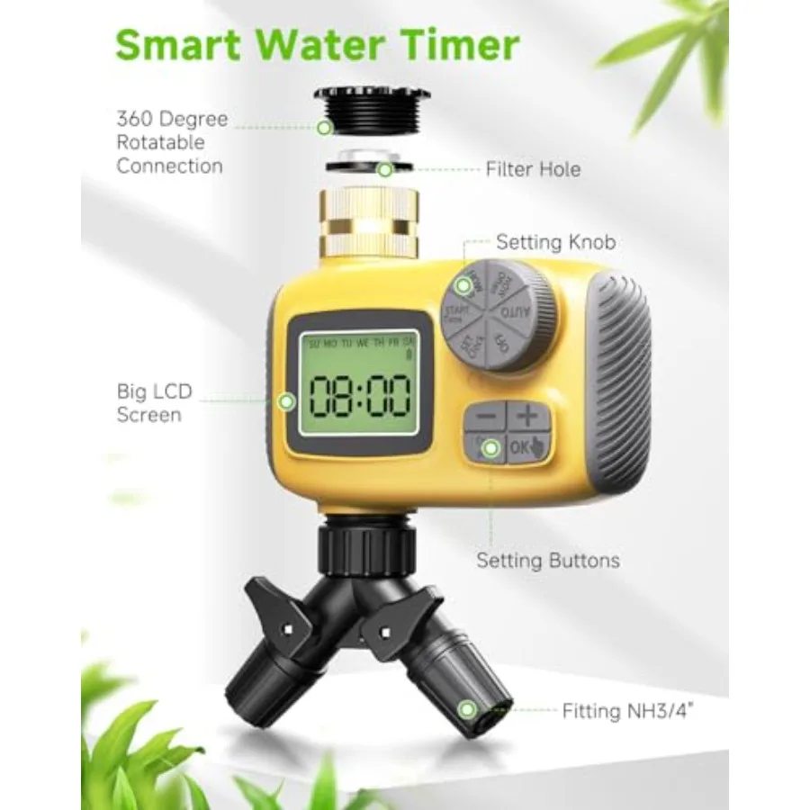 Garden and greenhouse drip irrigation system with LCD timer, PVC hose, black color, automatic watering with 3 sprayer types for