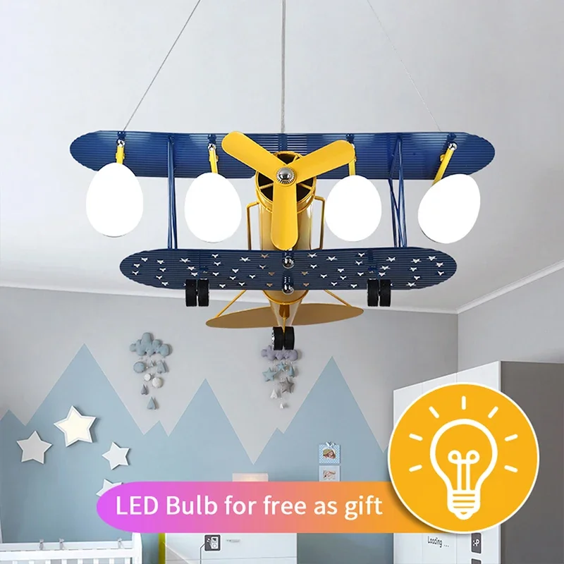 Led Lights with Bulb Airplane Chandelier Children's Room Lighting Fixtures Boy Bedroom Cartoon Boys Hanging Lamp Kids Cute Gift