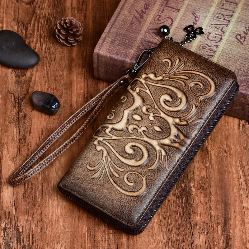 

New Genuine Leather Women Long Purse Wallet Embossed Vintage ID/Credit Cards Handy Bag Multi-Functional Female Wrist Clutch Bags