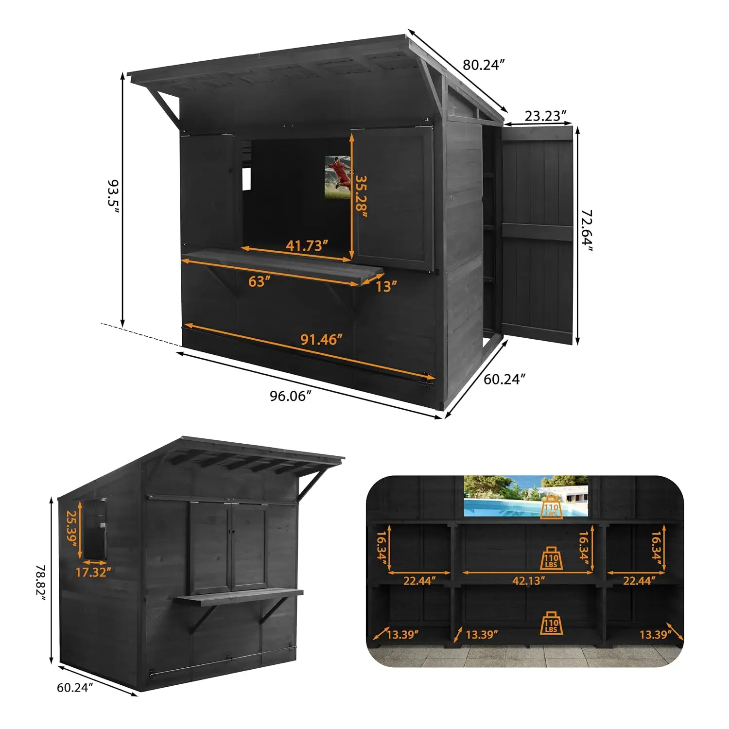 8x5 FT Wooden Bar Shed Metal Roof Slide Panel Outdoor Storage Farm Stand TV Bracket Countertop Lockable Door Black Customized