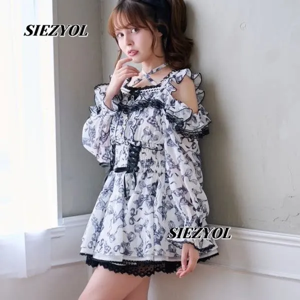 Japanese Liz Mass-produced Sweet Off-the-shoulder Bow Flower Handle Chiffon Long-sleeved Dress and Culottes Two Piece Set