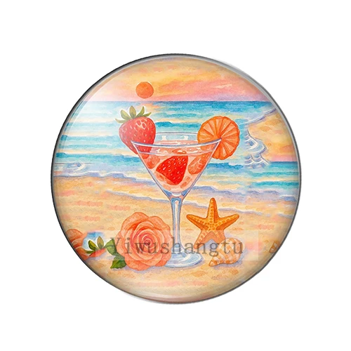 Cartoon summer beach seaside drinks Art Paintings 12mm/18mm/20mm/25mm Round photo Glass Cabochon demo flat back Making findings