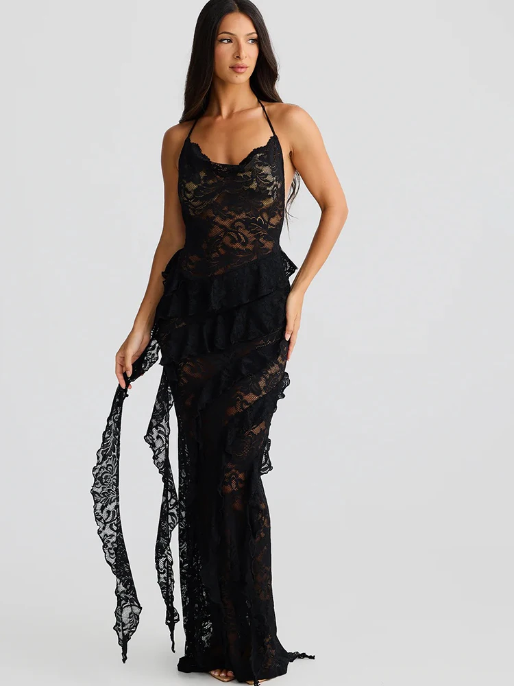 JULISSA MO Sexy Backless Sheer Lace Halter Women Dress Black Spaghetti Strap Ribbon Dress Summer Slim Elegant Party Beach Dress