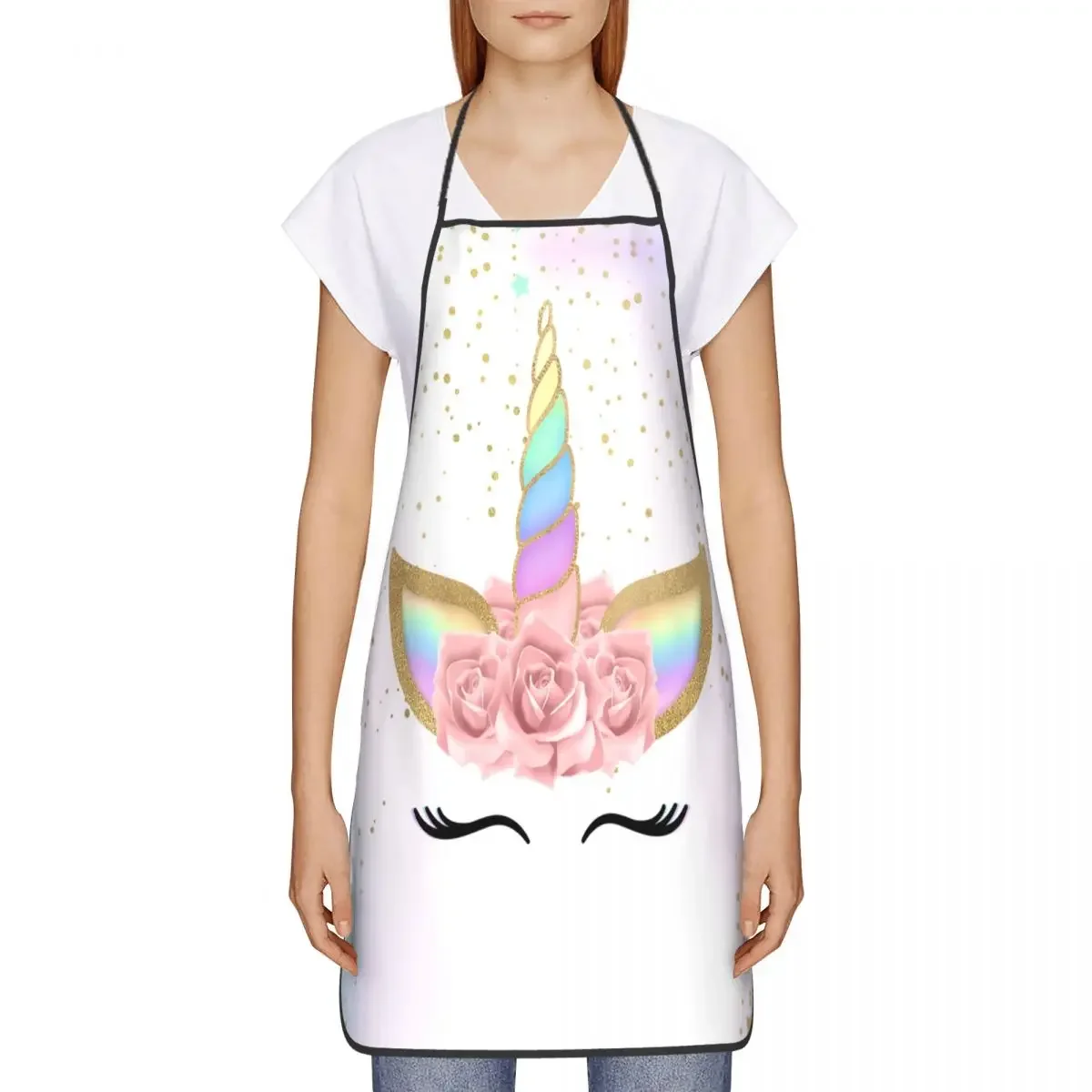 Unisex Pink Stars Unicorn Bib Apron Adult Women Men Chef Tablier Cuisine for Kitchen Cooking Cute Fantasy Cartoon Painting