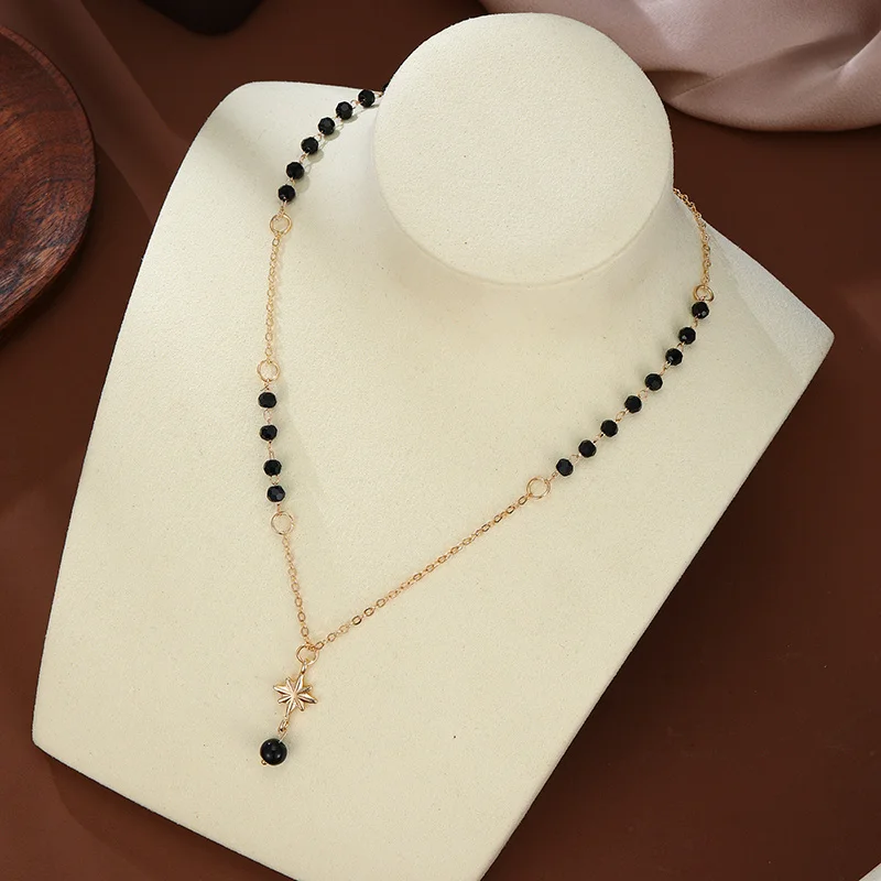 Vintage Black Crystal 8 Pointed Star Pendant Y Shaped Necklace Gold Color Beaded Lariat Chain Necklace for Women Party Jewelry