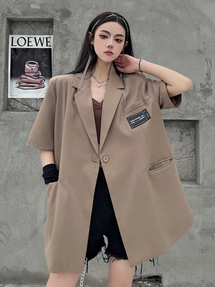 Streetwear Loose Women Blazer Summer Fashion New Thin Short Sleeve Button Down Jacket Woman