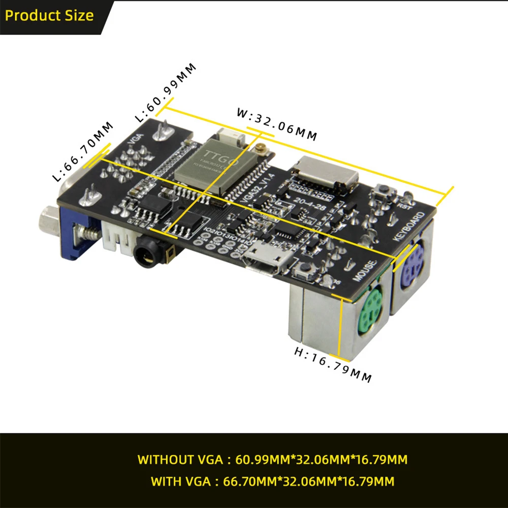 LILYGO® FabGL VGA32 VGA ESP32 PSRAM Module V1.4 Controller PS/2 Mouse Keyboard Graphics Library Game ANSI/VT Terminal Circuits