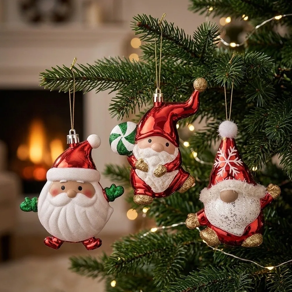3pcs Christmas Decor Ornaments Featuring Gnome and Santa Themes with Electroplated Shine and Festive Cartoon Details