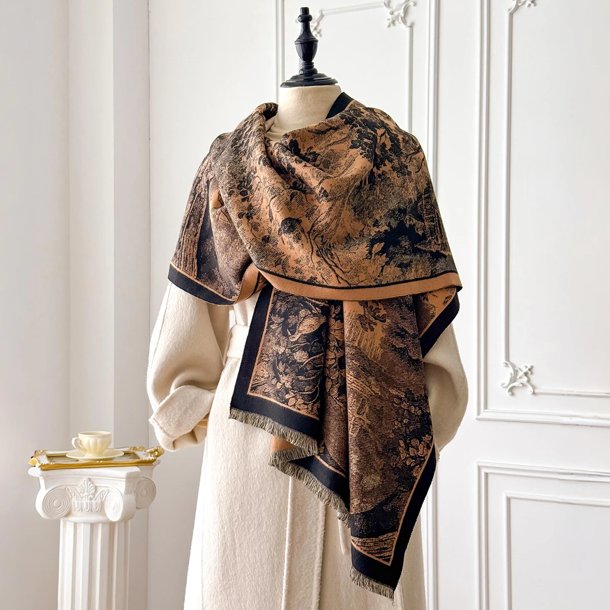 Eleganter Damen-Kaschmirschal im Retro-Stil mit doppelseitigem Landschaftsdruck, Winter-warmer Pashmina-Schal, Foulard-Poncho – Detail 13