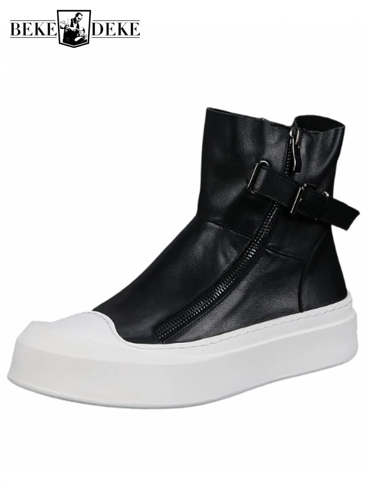 

Fashion Men Buckle Strap Zipper High Top Skateboard Shoes Thick Platform Ankle Boots Cowhide Genuine Leather Joggers Sneakers