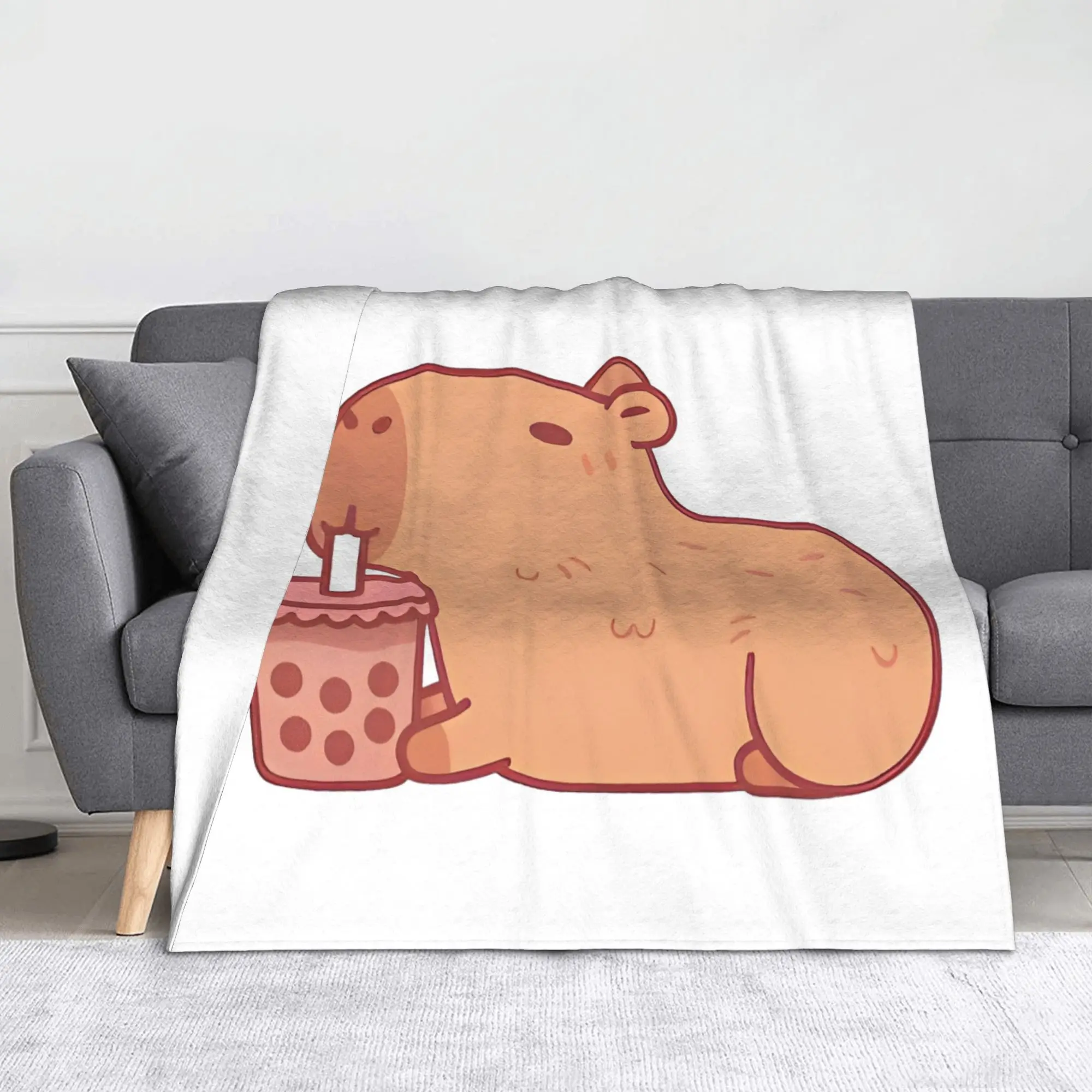 

Cute Capybara Chilling With Bubble Tea Blankets Wool Novelty Breathable Throw Blankets for Home Decoration