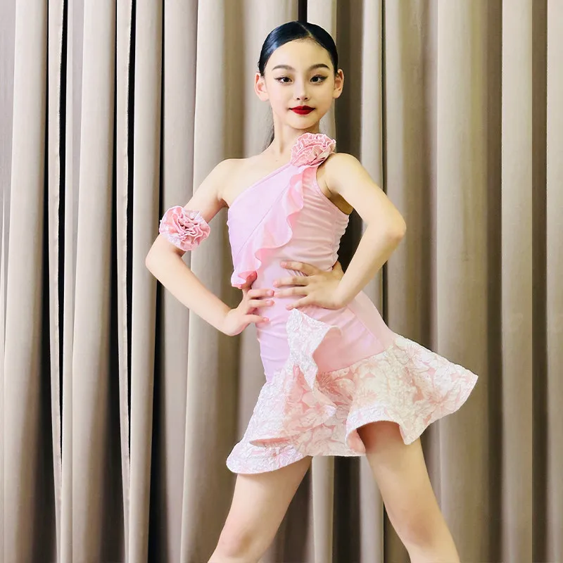 

Girls Mesh Ruffled Dress Set Kids Latin Dance Clothes Cha Cha Rumba Samba Practice Performance Dresses