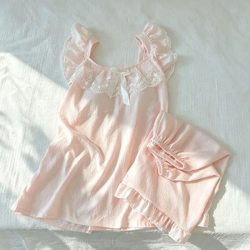 Women Sweet Cute 2 Pieces Pajama Set Summer Lace Trim Bow Sleepwear Camisole With Chest Pad Casual Daily Loungewear Homewear