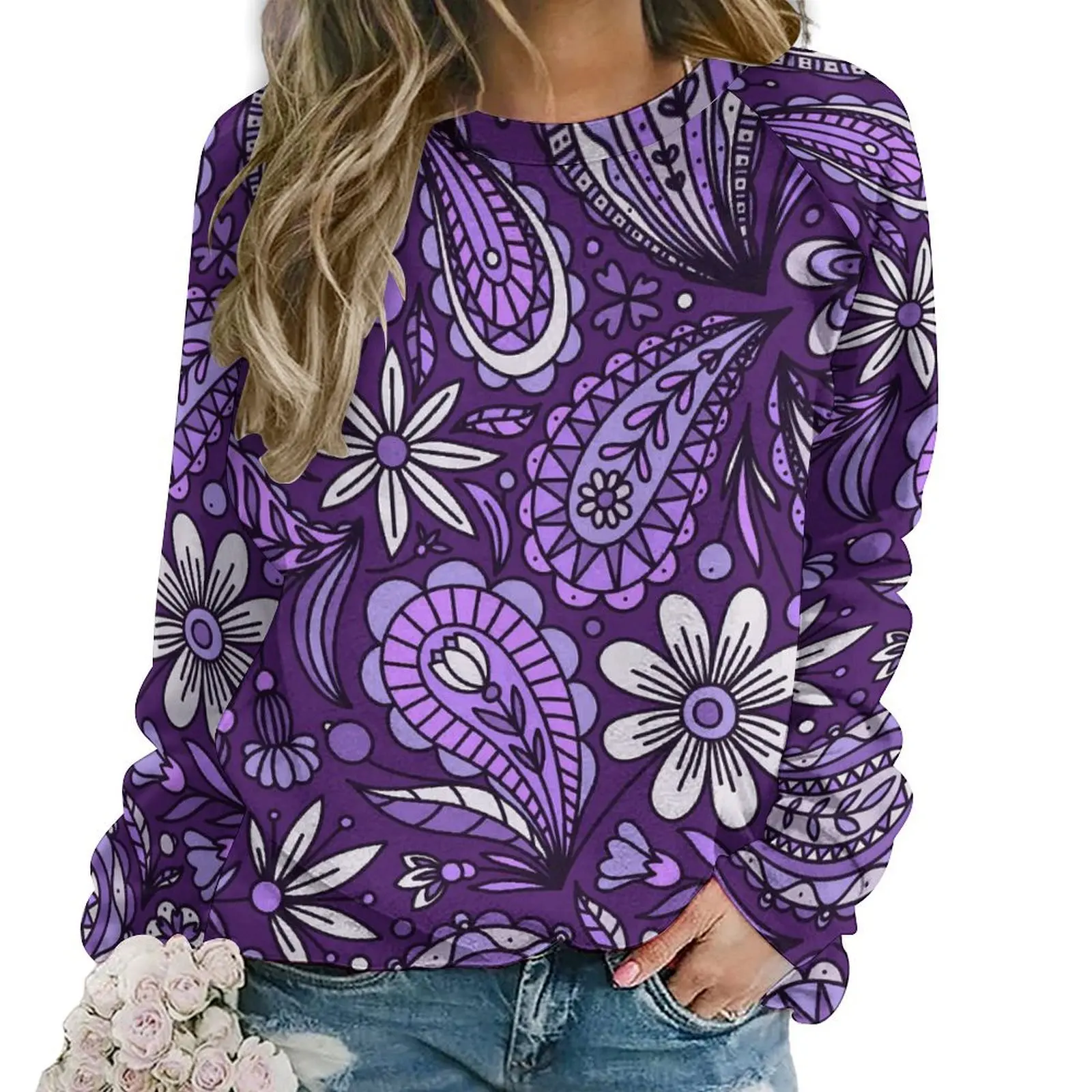 

Boho Paisley Hoodies Lady Long Sleeve White And Purple Y2k Casual Hoodie New Arrival Hip Hop Oversized Design Sweatshirts