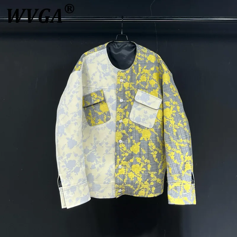

WVGA Coats Spring Autumn New Man Tide High Street Plaid Floral O-Neck Design Trendy Niche Chic Casual Long Sleeve Jackets W11228