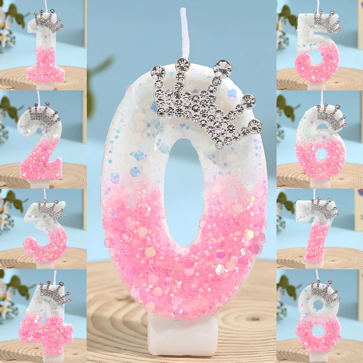 Crown Crystal White-Pink Number 0-9 Birthday Candles - Cake Decor for Girls Princess Anniversary Graduation Gift