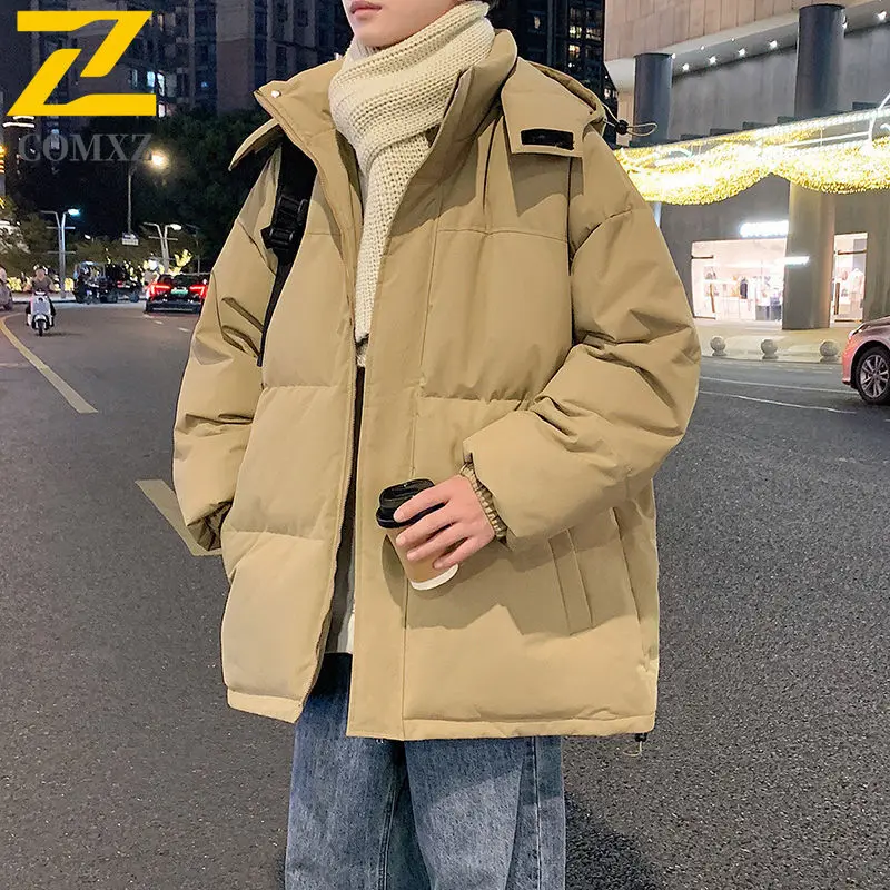 2025 New Winter Padded Jacket Men's Trendy Casual Solid Color Windproof Warm Hooded Parka Man Snow Very Cold Cotton Padding Coat