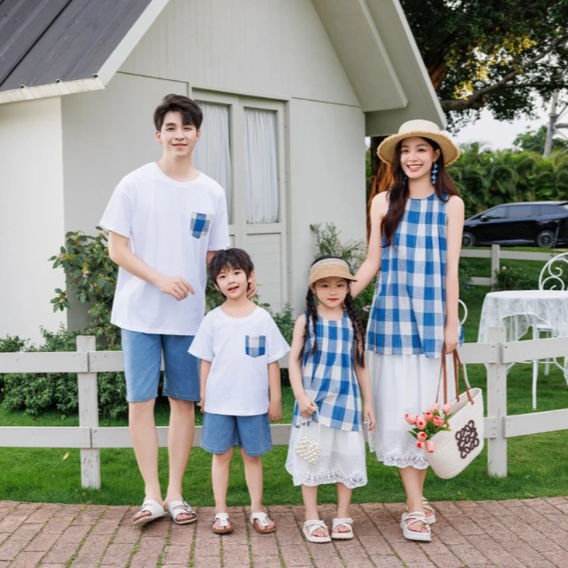 

2026 Summer Family Matching Outfits Blue Plaid Tops Set with Lace Skirts & Wide Leg Pants for Mom Dad Kids Casual Beach Vacation
