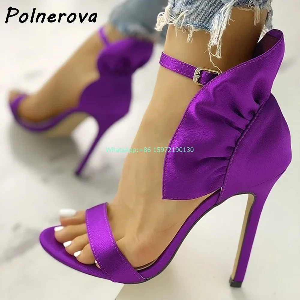 

Satin Solid Skirt Sandals Round Toe Straight Strap Thin Heels Ankle Strap Shoes Purple Elegant Fashion Runway Dress Shoes