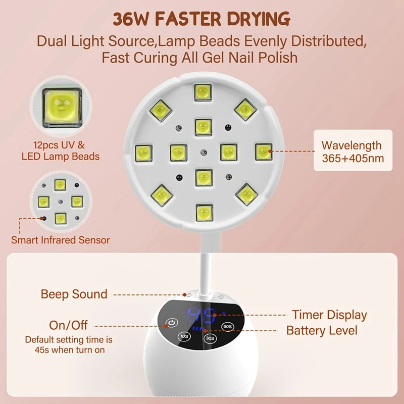 AB09-UV LED Nail Lamp Cordless 36W Mini UV Light For Gel X Nails Tips Rechargeable Nail Dryers With Smart Sensor & 4 Timer