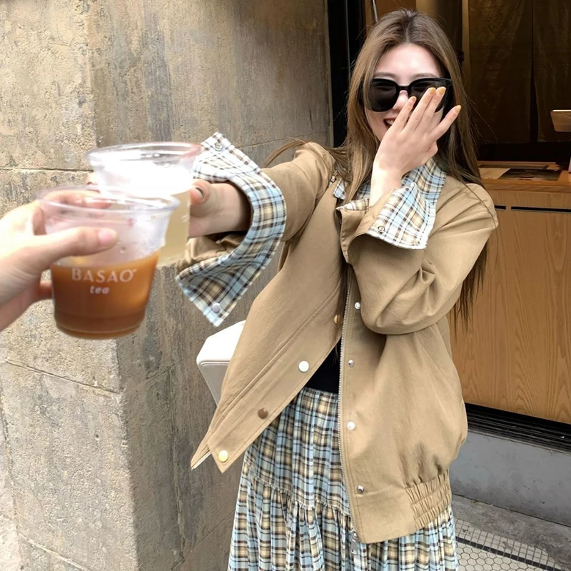 

Plaid Patchwork Cargo Jacket Women Sweet Cute Long Sleeve Vintage Coat Casual Preppy Style Female Fall Winter Korean Outwear New