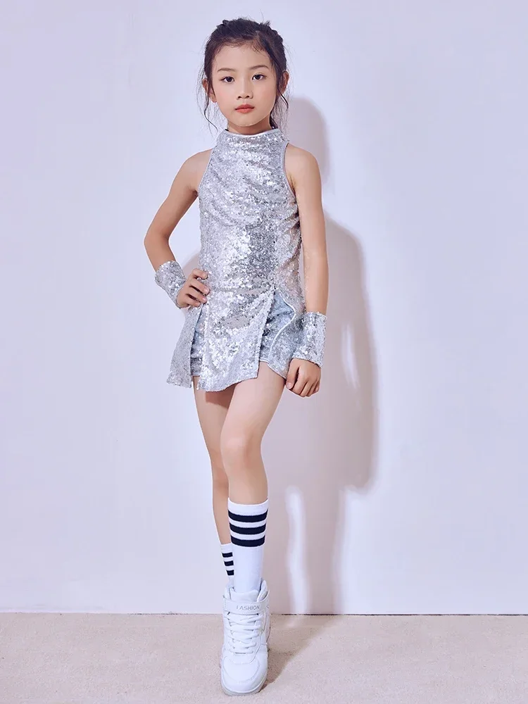 

New Girls Seqins Tap Jazz Dance Suit Kids Sparkling Modern Costume Street Stage Dancewear Performance