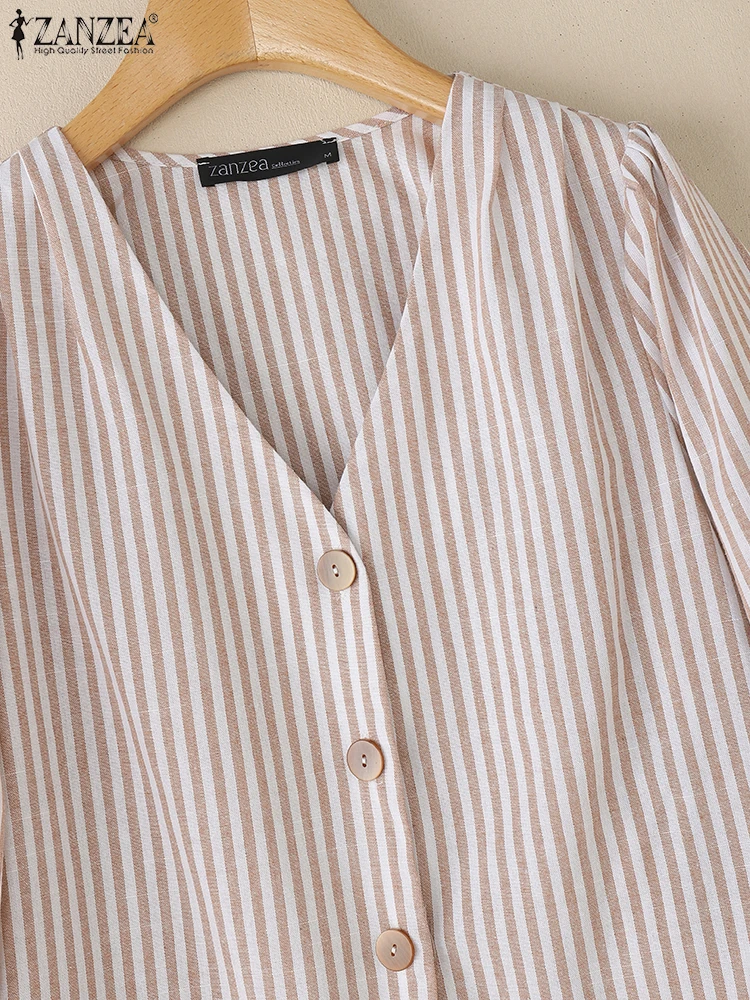 ZANZEA 甘いシャツの女性のファッション 3/4 パフスリーブストライプトップス秋 V ネックプリントボタンエレガントな韓国ブラウス仕事 OL Blusas