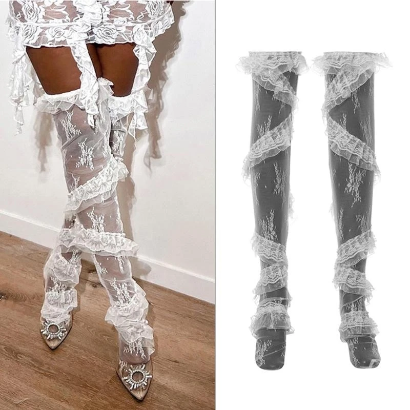 

Women Flower Pattern Sheer Lace Thigh High Stockings Aesthetic Twill Ruffle Trim Patchwork Loose Over Knee Long Socks 15UB
