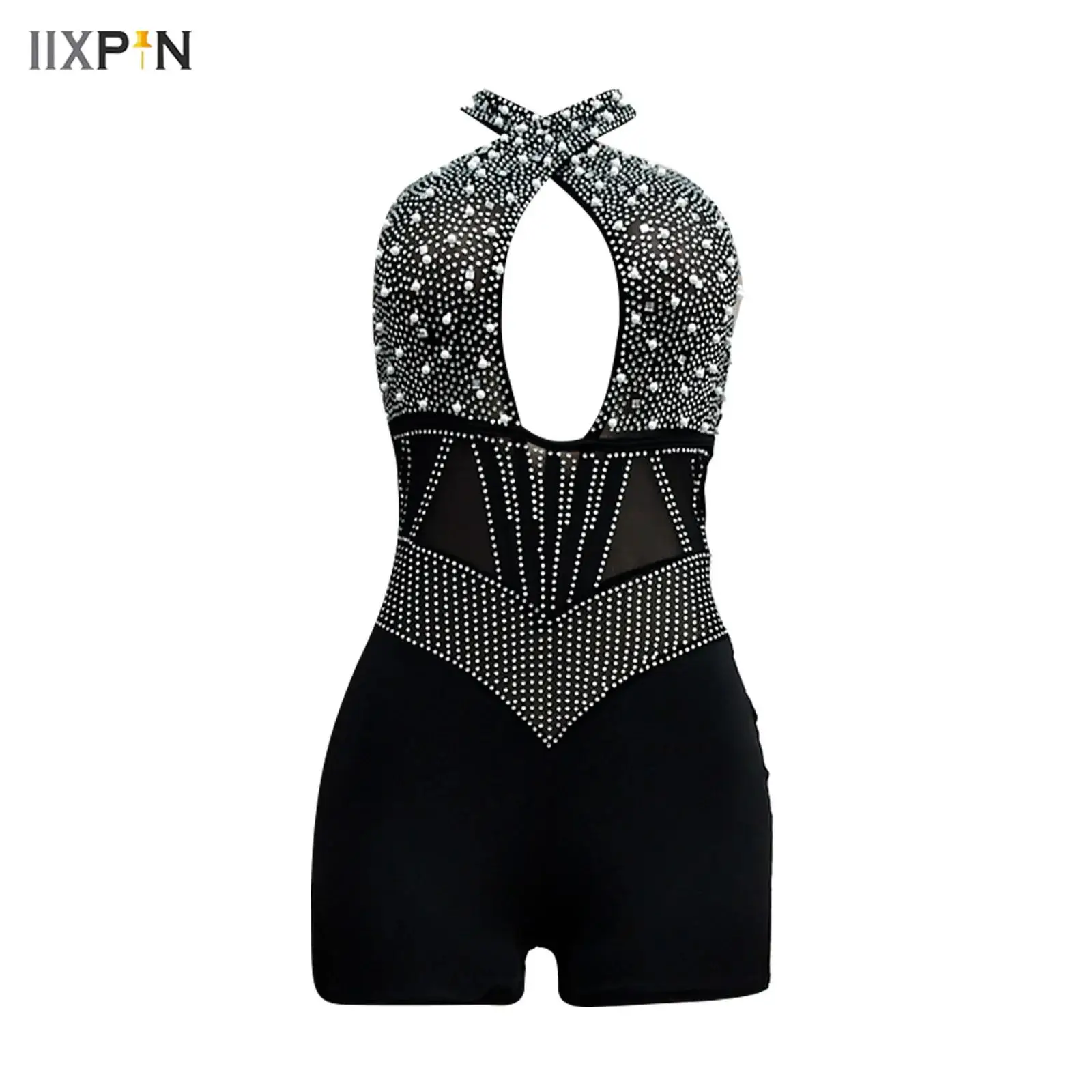 

Womens Gymnastics figure skating Jumpsuit Shiny Rhinestones Crossing Halter Hollow Back Open Boyshorts Bodysuit Party Clubwear