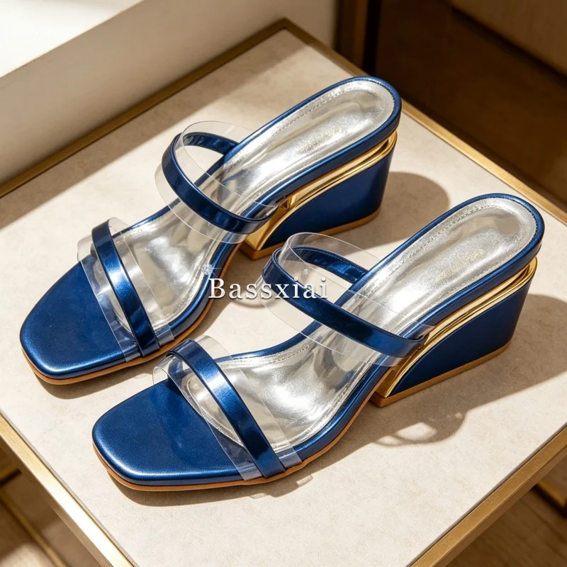 Women's Summer Outwear Sandals Unique Wedges High Heel One-Strap PVC Transparent Slim Mules For Girls
