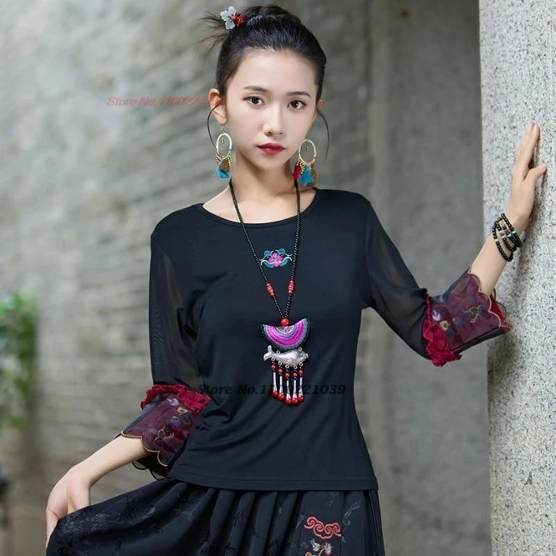 

2025 chinese traditional o-neck t-shirt national flower embroidery mesh sleeve folk shirt chinese hanfu tops retro base shirt