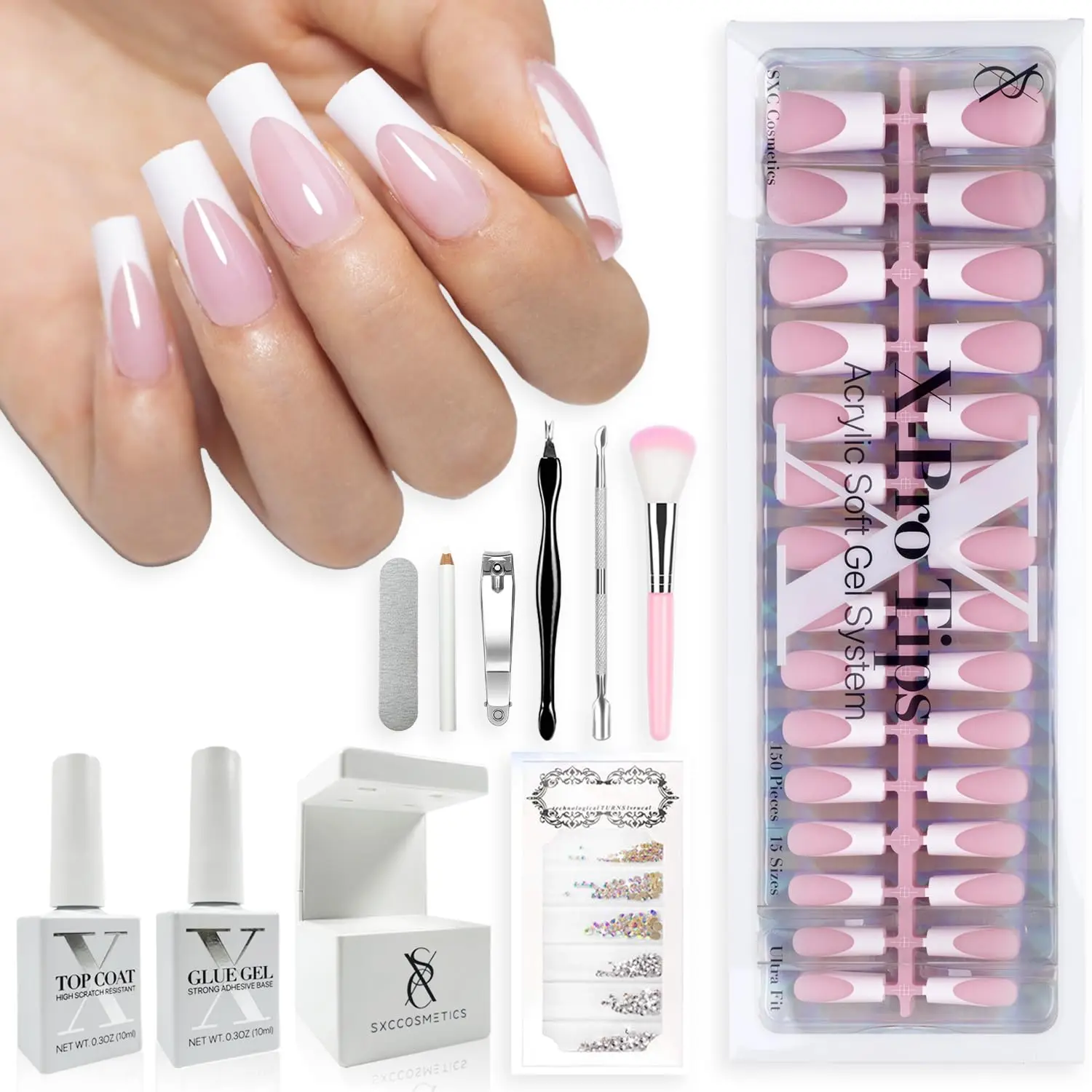 

French Tip Press On Nails, Pink Series Medium Square X-Pro Tips Starter Kit for Easy Application
