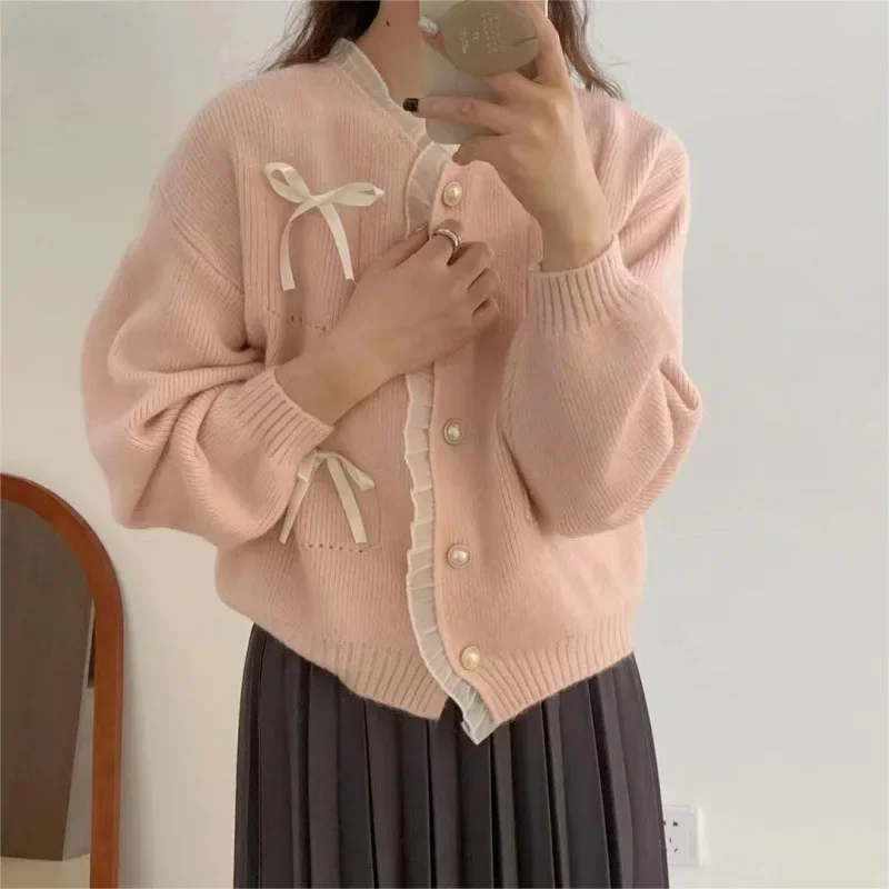 

Cardigan Women Solid Lace Bow Design Gentle Style Knitwear Casual Sweet Lovely Girls Autumn Preppy Stylish Korean Fashion Coats