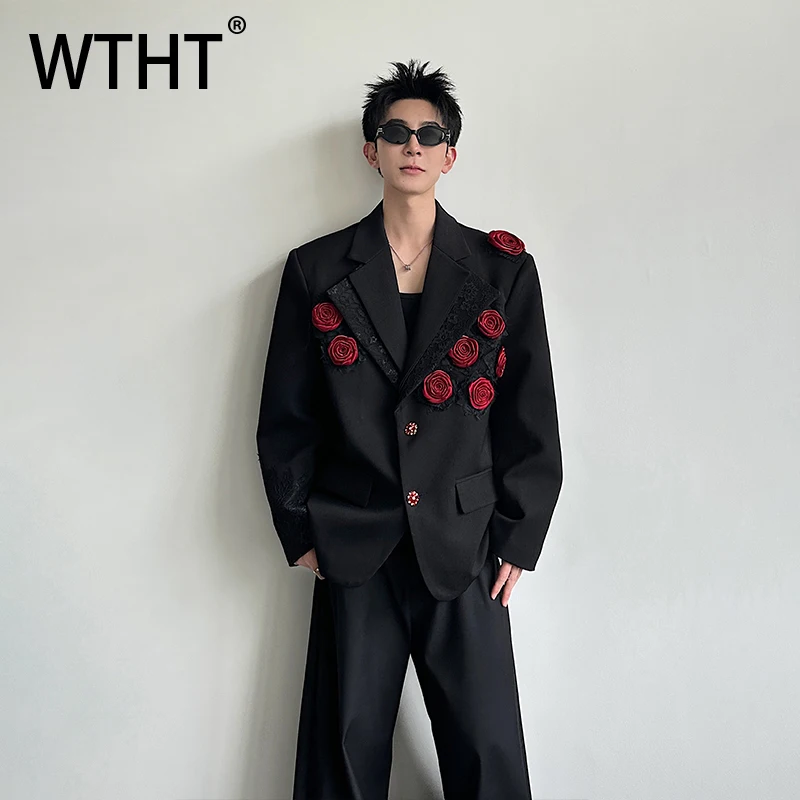 WTHT Fashion Men Spliced 3D Flower Contrast Color Blazer Coat Trendy Double Buckle Shoulder Pads Jackets Male 2026 Summer 2A2827