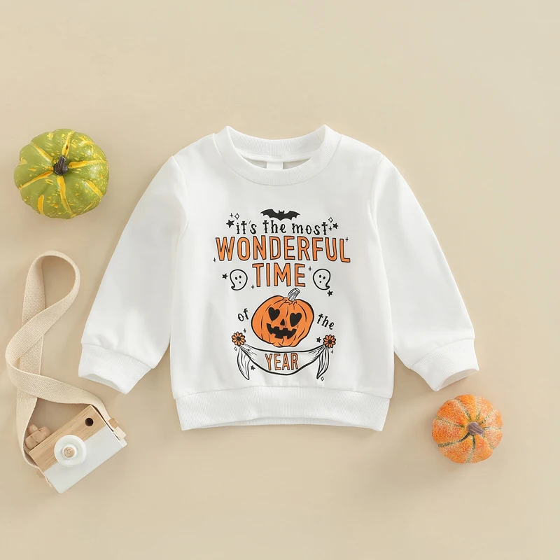 

Cute Toddler Halloween Hoodie Adorable Round Neck Long Sleeve Sweatshirt with Cartoon Print and Letter Design