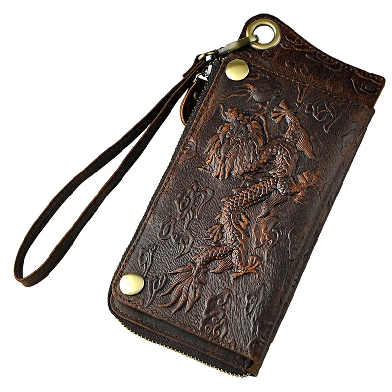 Animal Pattern Genuine Leather Purse Men Vintage Real Cow Leather Wallet Large Capacity Male Cowhide Clutch Hand Bag