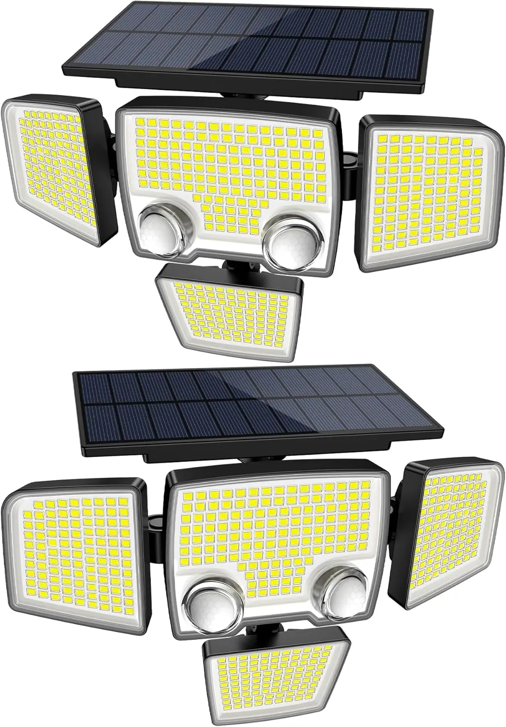 Solar Outdoor Flood Light 2500LM 4 Heads with Motion Sensor, 3 Modes, Waterproof, Wall Mount
