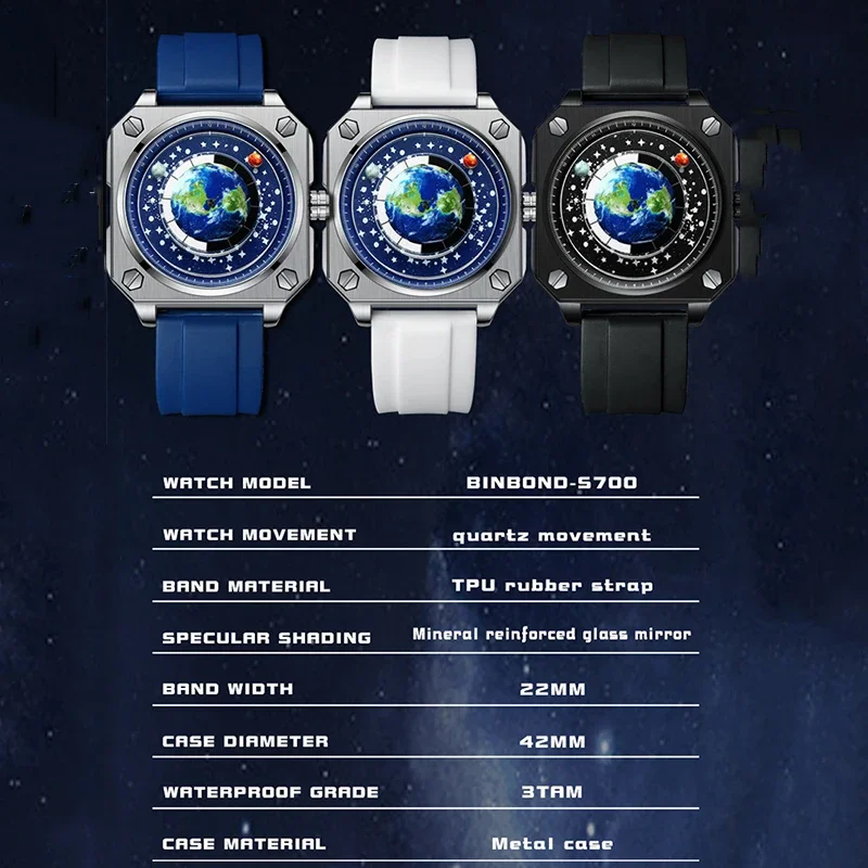 BINBOND الأكثر مبيعا ساعة كوارتز للرجال الدورية الأرض الهاتفي مفهوم جديد الإبداعية كوكب غير الميكانيكية سيليكون الشريط الرجال ساعة