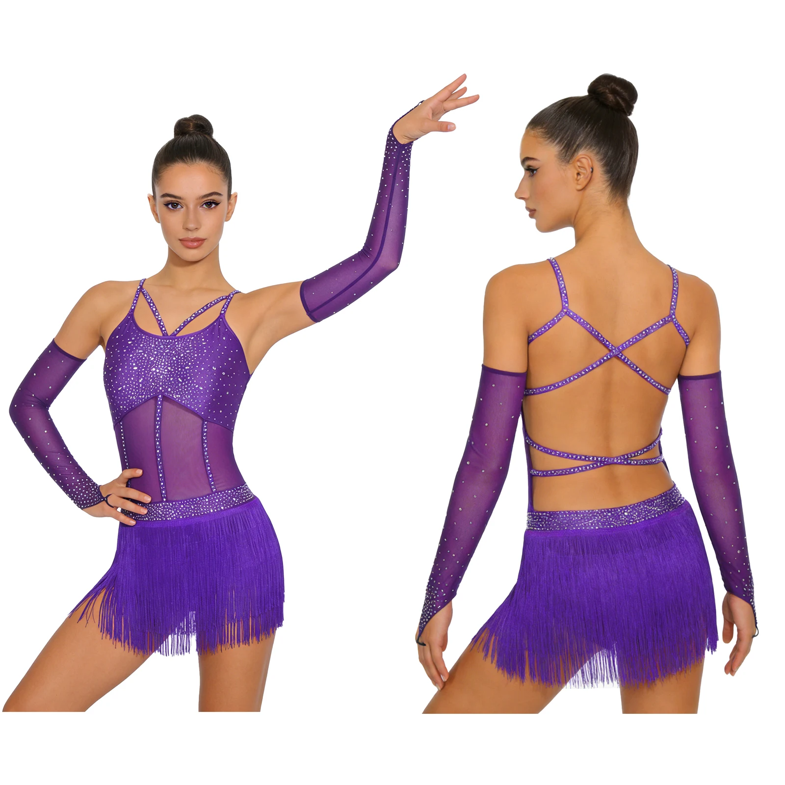 Women Latin Dance Tango Cha-cha Bodysuit with Sleeves Rhinestones Mesh Tassel Leotard Dress Skating Samba Rumba Ballroom Costume