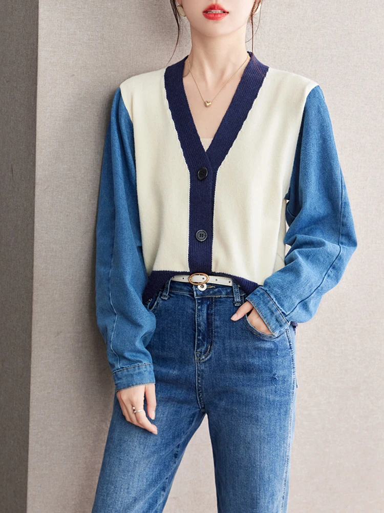 Fashion Denim Patchwork Women Sweater Cardigans 2024 Autumn Winter New Loose V-Neck Knit Cardigan Female Jacket